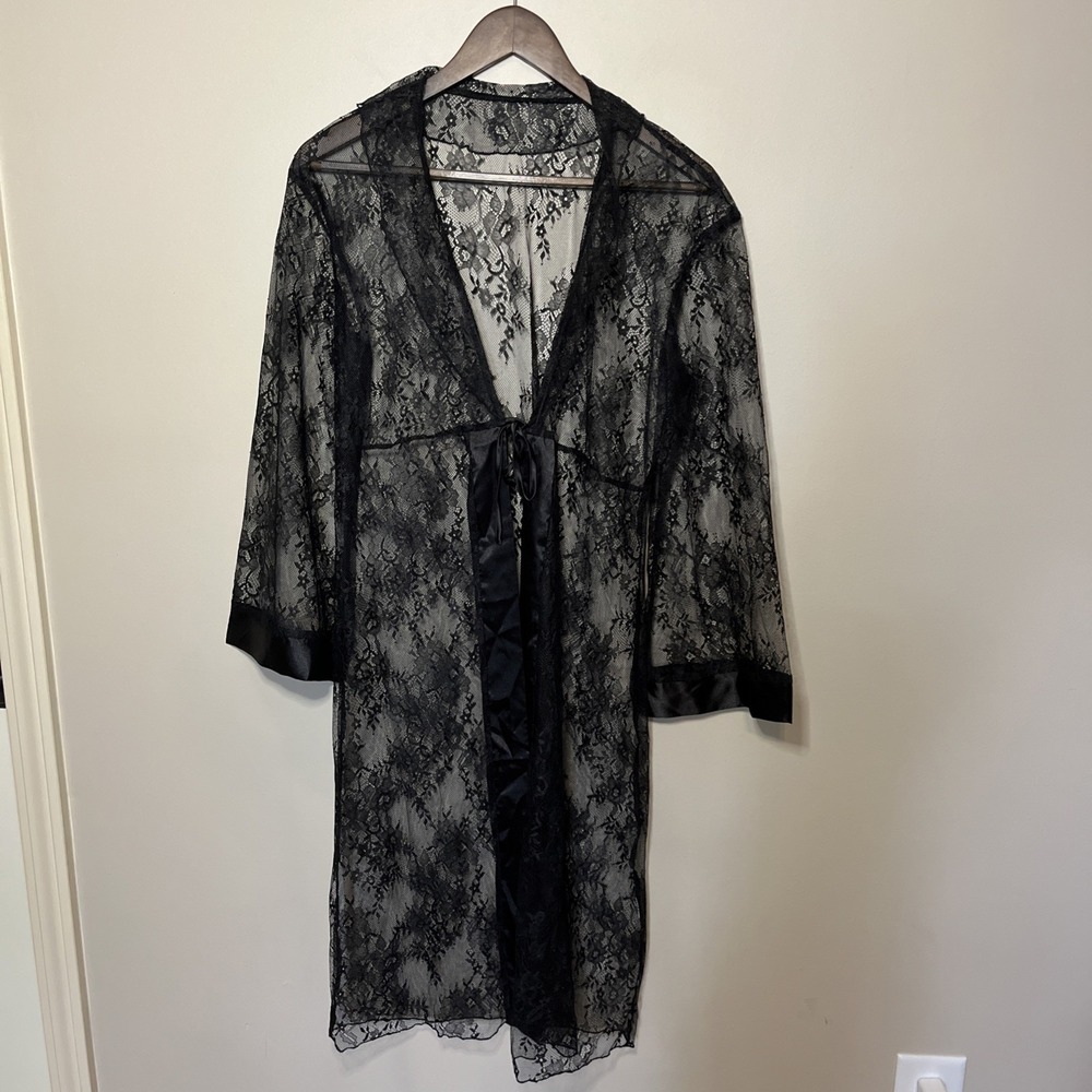 Black Lace Robe Long Sleeve Sheer Sexy Satin Trim One Size Lingerie